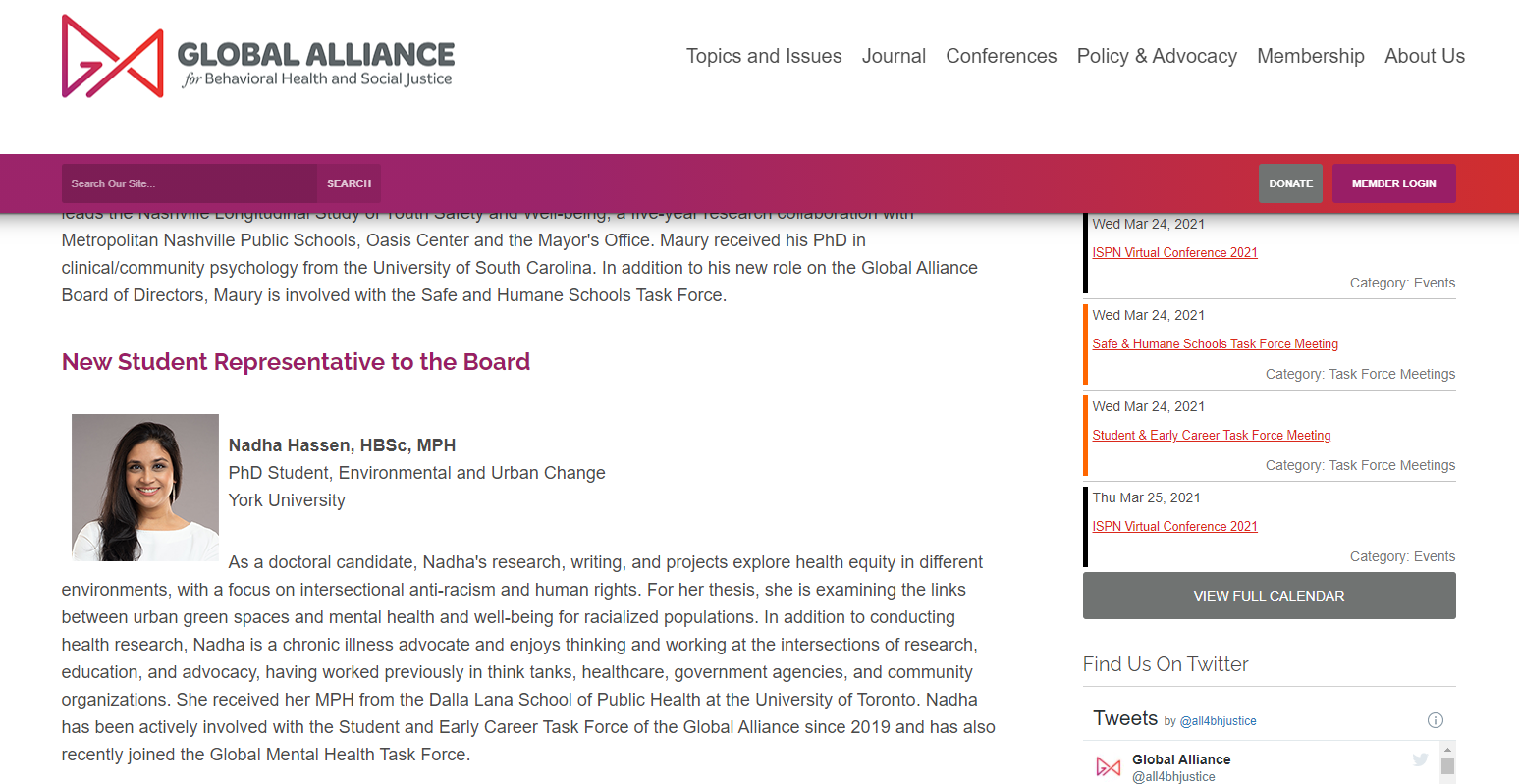 A screenshot from the Global Alliance website with Nadha's name, photo, and short bio.